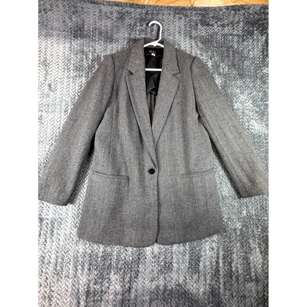 Zara Basic Blazer Jacket Womens XS Gray Black Lined‎ Herringbone Single Breasted